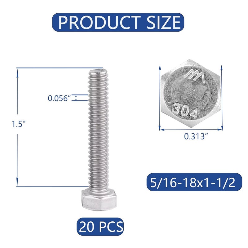JROUTH 5/16-18x3/4 Hex Head Screw Bolt (20PCS), Lock Nuts,Flat & Lock Washers Kits,304 Stainless Steel 18-8,Fully Threaded. - Image 2